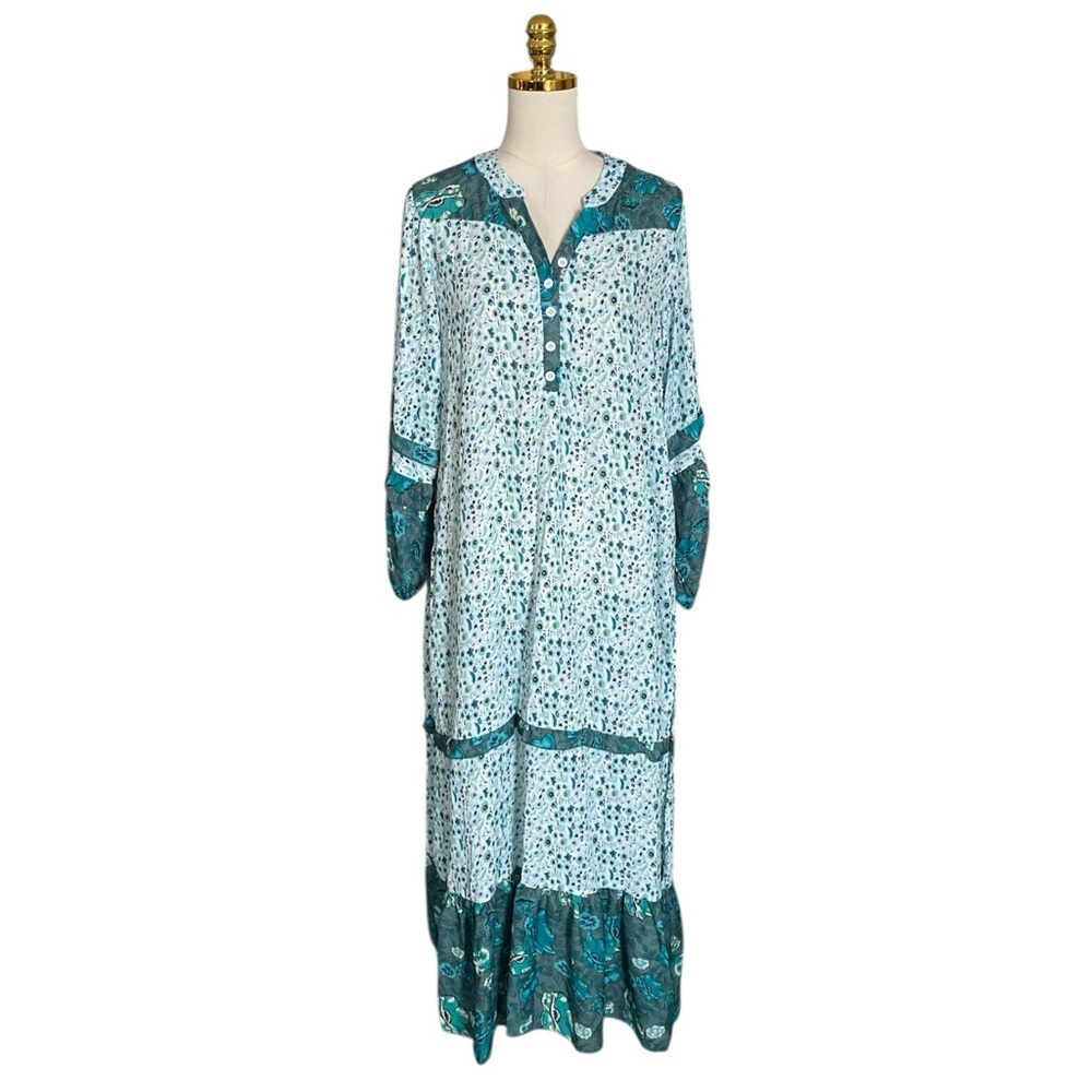 Retro Bohemian Green and White Floral Flowy Beach Vacation Maxi Dress Size XL - Picture 5 of 10